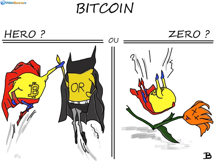 Bitcoin: Héros ou Zéro? - Dessin réalisé par Jade Boudon (contact: http://videobourse.fr/la-bourse.php ) pour http://VideoBourse.fr